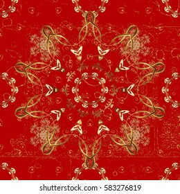 Backdrop, fabric, gold wallpaper. Flat hand drawn vintage collection. Vector golden pattern. Golden pattern on red background with golden elements.