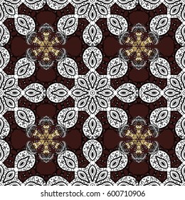 Backdrop, fabric, gold wallpaper. Flat hand drawn vintage collection. Vector golden seamless pattern. Golden pattern on brown background with golden elements.