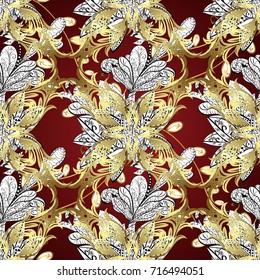 Backdrop, fabric, gold wallpaper. Flat hand drawn vintage collection. Vector golden ornamental pattern. Golden pattern on white, red and neutral colors with golden elements.