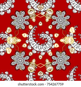 Backdrop, fabric, gold wallpaper. Flat hand drawn vintage collection. Vector golden seamless pattern. Golden pattern on red, white and black colors with golden elements.