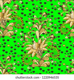 Backdrop, fabric, gold wallpaper. Golden pattern on green, brown and yellow colors with golden elements. Vector golden seamless pattern. Flat hand drawn vintage collection.