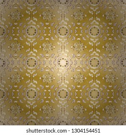 Backdrop, fabric, gold wallpaper. Golden pattern on yellow and beige colors with golden elements. Vector golden seamless pattern. Flat hand drawn vintage collection.