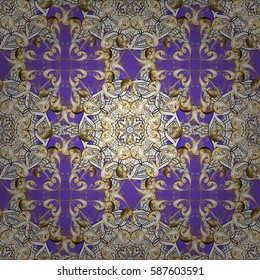 Backdrop, fabric, gold wallpaper. Golden pattern on violet background with golden elements. Flat hand drawn vintage collection. Vector golden seamless pattern.