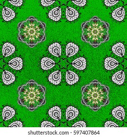 Backdrop, fabric, gold wallpaper. Golden pattern on green background with golden elements. Flat hand drawn vintage collection. Vector golden pattern.