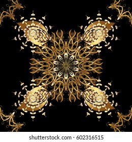 Backdrop, fabric, gold wallpaper. Golden pattern on black background with golden elements. Flat hand drawn vintage collection. Vector golden seamless pattern.