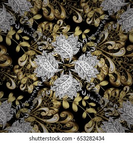 Backdrop, fabric, gold wallpaper. Golden pattern on black background with golden elements. Flat hand drawn vintage collection. Vector golden seamless pattern.