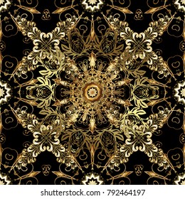 Backdrop, fabric, gold wallpaper. Golden pattern on black colors with golden elements. Flat hand drawn vintage collection.