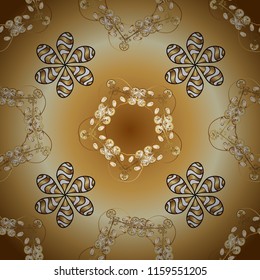 Backdrop, fabric, gold wallpaper. Vector golden ornamental pattern. Flat hand drawn vintage collection. Golden pattern on beige and yellow colors with golden elements.
