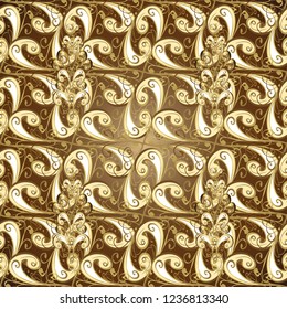 Backdrop, fabric, gold wallpaper. Vector golden seamless pattern. Flat hand drawn vintage collection. Golden pattern on colors with golden elements.