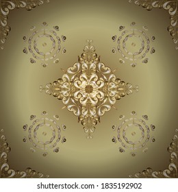 Hintergrund, Stoff, goldener Hintergrund. Vektor goldenes, nahtloses Muster. Goldenes Muster auf neutralen und beigen Farben mit goldenen Elementen. Flache handgezeichnete Vintage-Kollektion.