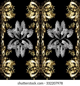 Backdrop, fabric, gold wallpaper. Vector golden seamless pattern. Golden pattern on black colors with golden elements. Flat hand drawn vintage collection.