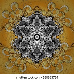 Backdrop, fabric, gold wallpaper. Vector golden. Golden pattern on yellow background with golden elements. Flat hand drawn vintage collection.