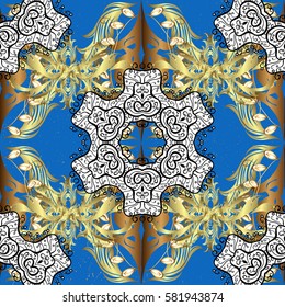 Backdrop, fabric, gold wallpaper. Vector golden. Golden pattern on blue background with golden elements. Flat hand drawn vintage collection.