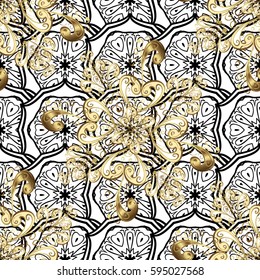 Backdrop, fabric, gold wallpaper. Vector golden seamless pattern. Golden pattern on background with golden elements. Flat hand drawn vintage collection.