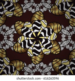 Backdrop, fabric, gold wallpaper. Vector golden seamless pattern. Golden pattern on brown background with golden elements. Flat hand drawn vintage collection.