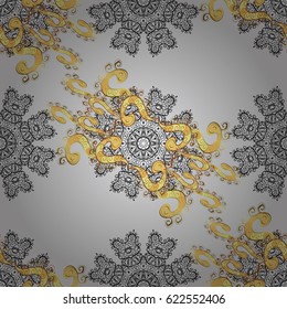 Backdrop, fabric, gold wallpaper. Vector golden seamless pattern. Golden pattern on gray background with golden elements. Flat hand drawn vintage collection.