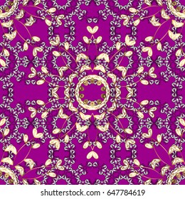 Backdrop, fabric, gold wallpaper. Vector golden seamless pattern. Golden pattern on magenta background with golden elements. Flat hand drawn vintage collection.
