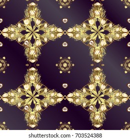 Backdrop, fabric, gold wallpaper. Vector golden seamless pattern. Golden pattern on lilac and purple background with golden elements. Flat hand drawn vintage collection.