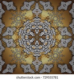 Backdrop, fabric, gold wallpaper. Vector golden seamless pattern. Golden pattern on background with golden elements. Flat hand drawn vintage collection.