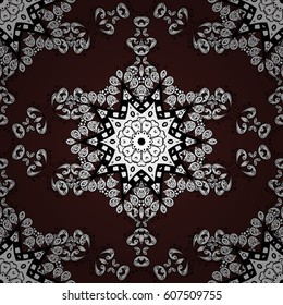 Backdrop, fabric, gray wallpaper. Vector white seamless pattern. White pattern on brown background with white elements. Flat hand drawn vintage collection.