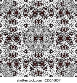 Backdrop, fabric, wallpaper. Vector white. White pattern on brown background with white elements. Flat hand drawn vintage collection.