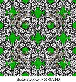 Backdrop, fabric, white wallpaper. Flat hand drawn vintage collection. Vector pattern. Pattern on green and white background with white elements.