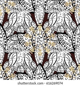Backdrop, fabric, white wallpaper. Golden pattern on brown background with white elements. Flat hand drawn vintage collection. Vector white seamless pattern.