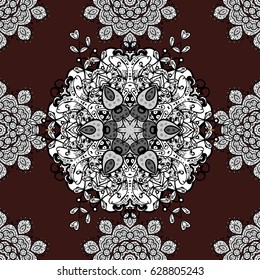 Backdrop, fabric, white wallpaper. White pattern on brown background with white elements. Flat hand drawn vintage collection. Vector seamless pattern.