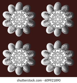 Backdrop, fabric, white wallpaper. Vector. Pattern on brown and white background with white elements. Flat hand drawn vintage collection.