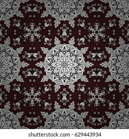 Backdrop, fabric, white wallpaper. Vector seamless pattern. White pattern on brown background with white elements. Flat hand drawn vintage collection.