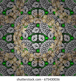 Backdrop, fabric, white wallpaper. Vector pattern. Pattern on green and white background with white elements. Flat hand drawn vintage collection.