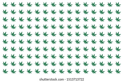 A backdrop of green cannabis leaf set in rows on a white background