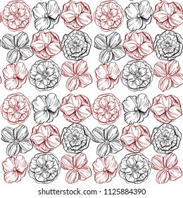 Backdrop with hand drawn contour flowers. Various buds. Floral vector seamless pattern