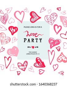 Backdrop with hand drawn sketch style hearts shape, handwritten lettering Love. Place for text. Great for St. Valentine's day, baby shower, love you card, Mother's day, love party. Vector illustration