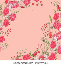 Backdrop with herbs, roses, berries and wild flowers on white. Frame for your design, greeting cards, announcements, posters. 