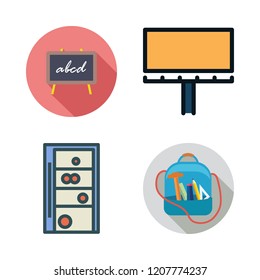 backdrop icon set. vector set about shelf, blackboard, maps and flags and backpack icons set.