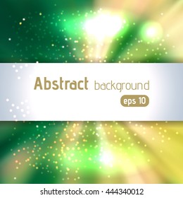 Backdrop with light rays. Abstract background. Vector illustration. Green, yellow, white colors. 