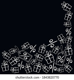 El fondo de la montaña está hecho de regalos de contorno a mano, porcentajes, etiquetas de precio al estilo de doodle. ... Afiche vectorial sobre el tema del viernes negro, compras, descuentos y ventas