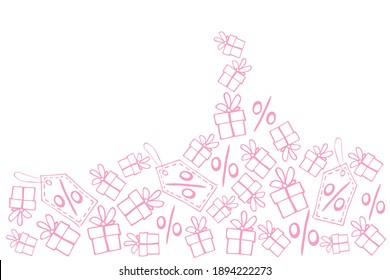 Backdrop with mountain made from hand drawn outline gifts, percents, price tags in doodle style. . Vector poster on theme of black Friday, shopping, discounts and sales