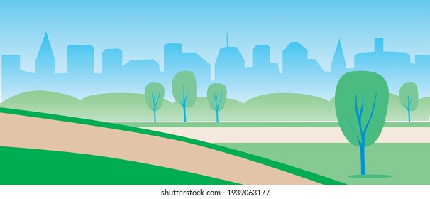 Backdrop park, nobody. Flat vector stock illustration. Abandoned park, garden, forest. Overlay backdrop. Illustration of nature and nobody with space for text or copy space