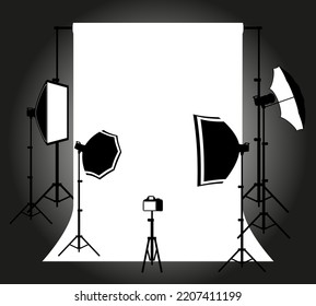 backdrop in photo studio with flashes and softboxes on tripods indoors vector illustration isolated on white background