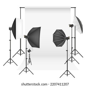 backdrop in photo studio with flashes and softboxes on tripods indoors vector illustration isolated on white background