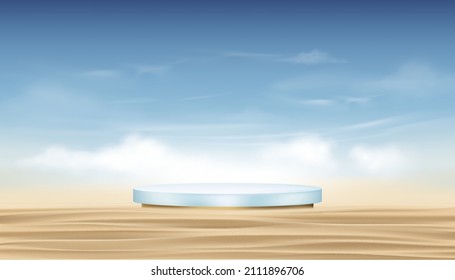 Backdrop Podium Cylinder Stand on sand beach, fluffy cloud and blus sky background, Vector 3D Banner Sea beach,Stage pedestal for Product presentation Cosmetic or Spa on Summer promotion