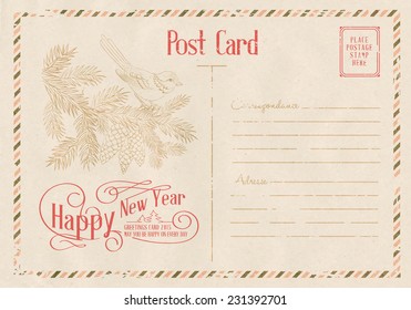Backdrop of postal card for happy new year holiday. Vector illustration.