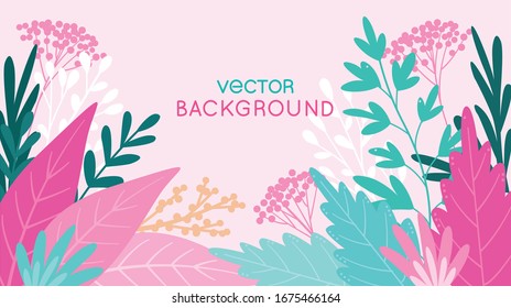 Backdrop for posters, banners, greeting cards and placards - vector illustration in simple flat style with space for text - background with leaves and plants 