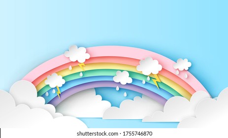 Backdrop of rainbow on the clouds in rainy season. Abstract Rainbow in the rainy season. paper cut and craft design. vector, illustration. 