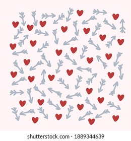 The backdrop for the Romance of hearts and arrows. A pattern with romantic elements of red hearts and arrows. Cartoon doodle background Hearts, Loved Ones, Love, Arrow. Collection for Valentine's Day.