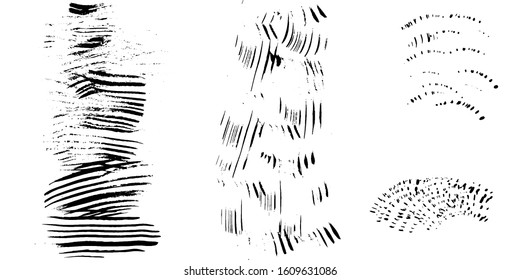 Backdrop with rough black brush strokes, paint traces, lines, smudges, smears, stains, scribbles isolated on white background. Vector illustration.