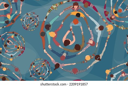 Backdrop seamless pattern with group of diverse people in a circle from different cultures holding hands. Community men and women of friends or volunteers. Top view. Racial equality.Team