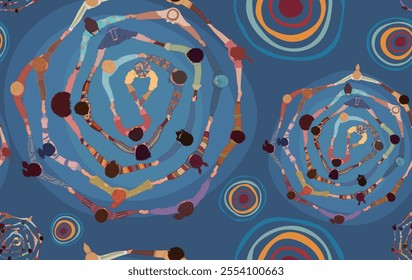 Backdrop seamless pattern with group of diverse people in a circle from different cultures holding hands. Racial equality. Top view. Community men and women of friends or volunteers. Team